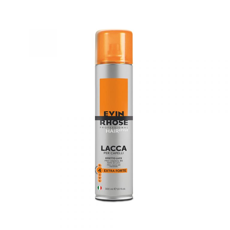 Immagine raffigurate una lacca spray extraforte con un tappo arancio e il marchio evin rhose